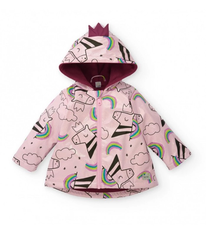 Αδιάβροχο μπουφάν με κουκούλα για κορίτσια σε ροζ χρώμα με τύπωμα μονόκερος