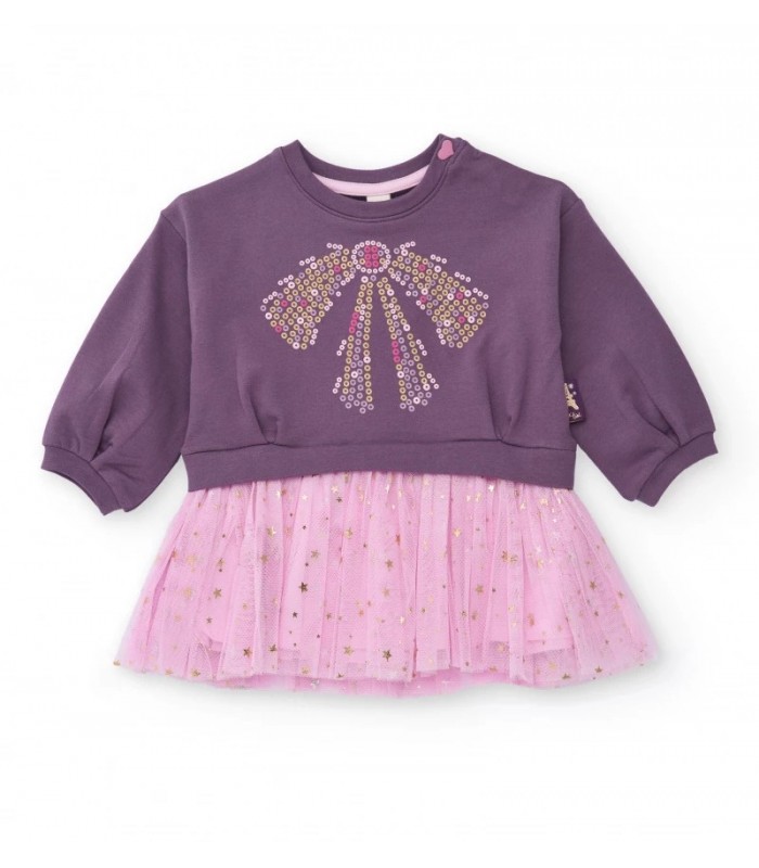 Μωβ φόρεμα για κορίτσια με ροζ τούλινη φούστα και χρυσές λεπτομέρειες αστέρι