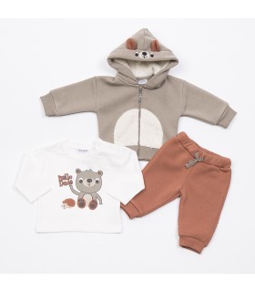 Σετ πορτοκαλί παντελόνι/εκρού μπλούζα/stone ζακέτα