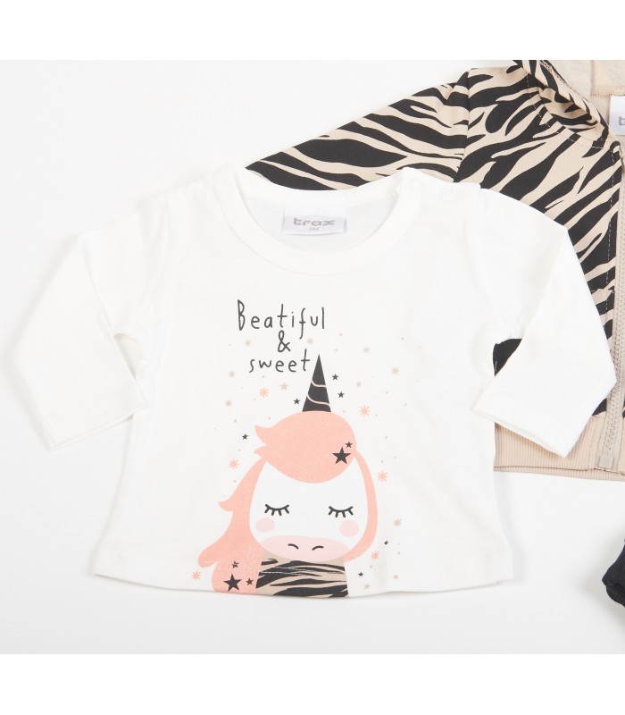 Σετ μαύρο παντελόνι/βανίλια μπλούζα/cappuccino ζακέτα