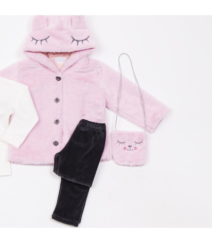 Σετ μαύρο κολάν/εκρού μπλούζα/ροζ ζακέτα