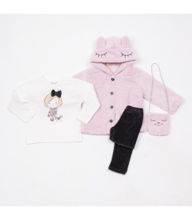 Σετ μαύρο κολάν/εκρού μπλούζα/ροζ ζακέτα