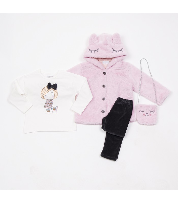 Σετ μαύρο κολάν/εκρού μπλούζα/ροζ ζακέτα