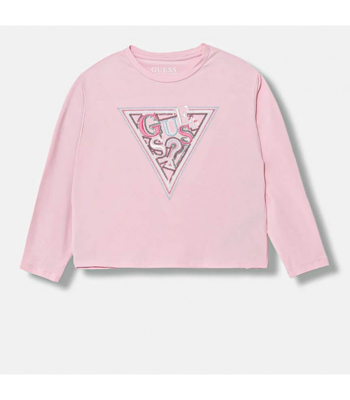 Μπλούζα με παγιέτες Guess μακό μακρυμάνικη ροζ