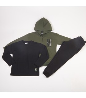 Σετ μαύρο παντελόνι/μπλούζα/χακί ζακέτα