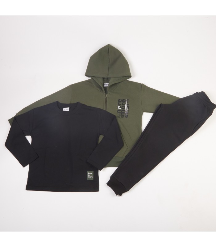 Σετ μαύρο παντελόνι/μπλούζα/χακί ζακέτα