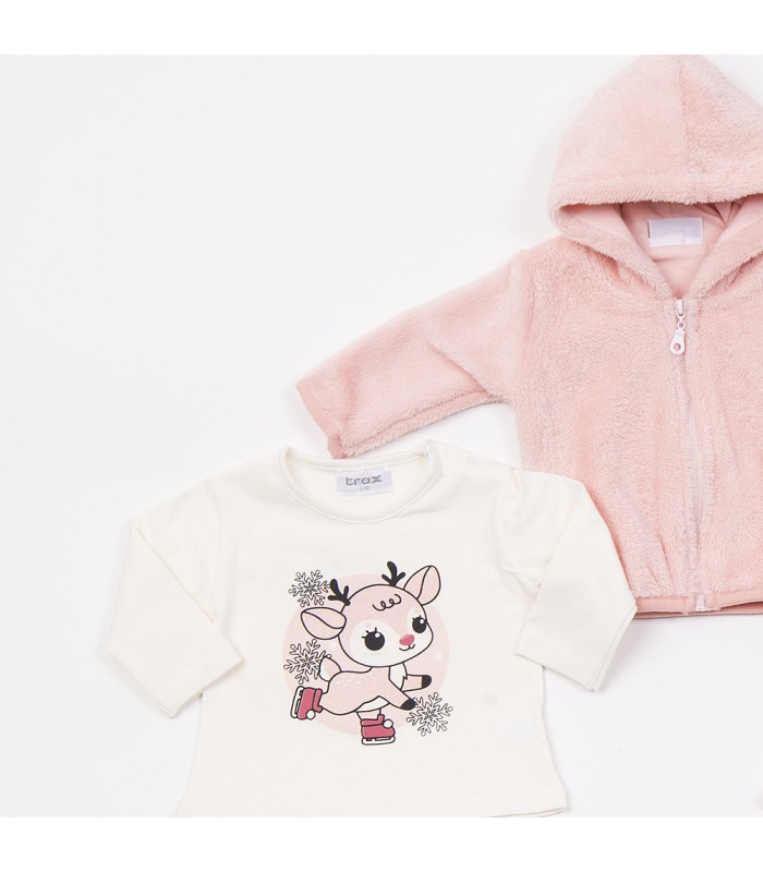 Σετ σομόν κολάν/βανίλια μπλούζα/σομόν ζακέτα