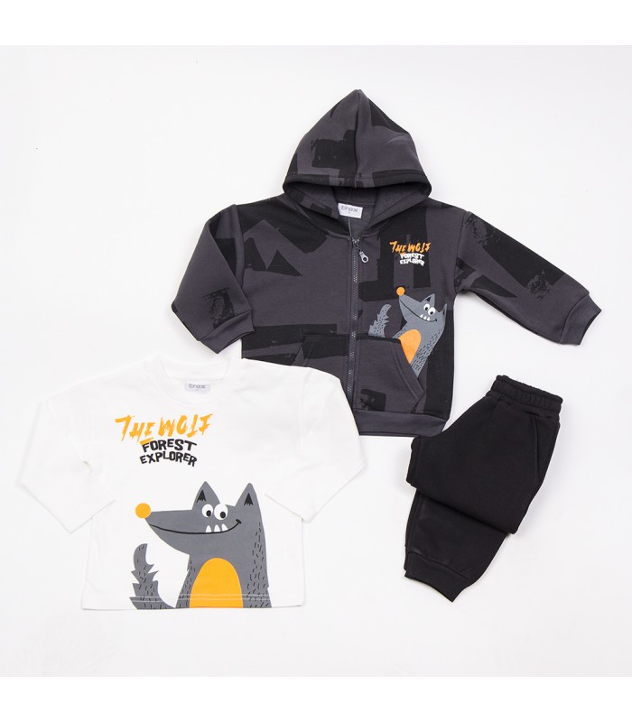 Σετ μαύρο παντελόνι/εκρού μπλούζα/ανθρακί ζακέτα