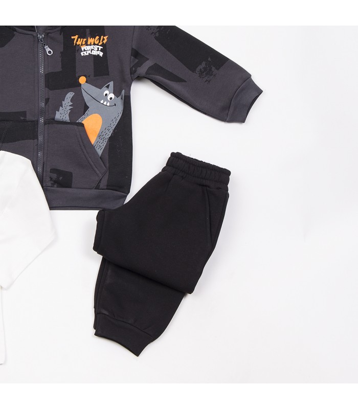 Σετ μαύρο παντελόνι/εκρού μπλούζα/ανθρακί ζακέτα