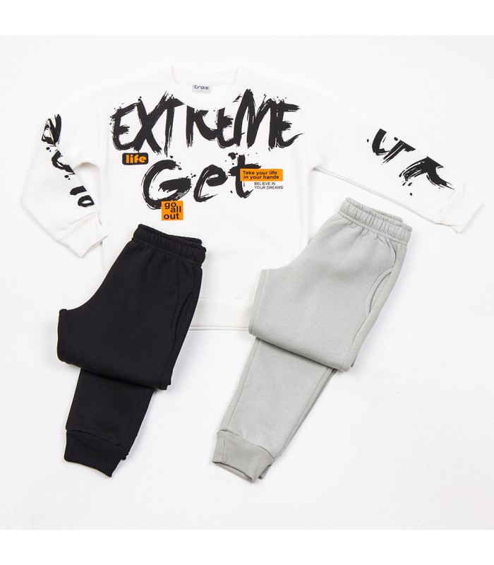 Σετ μαύρο παντελόνι/εκρού μπλούζα/γκρι παντελόνι