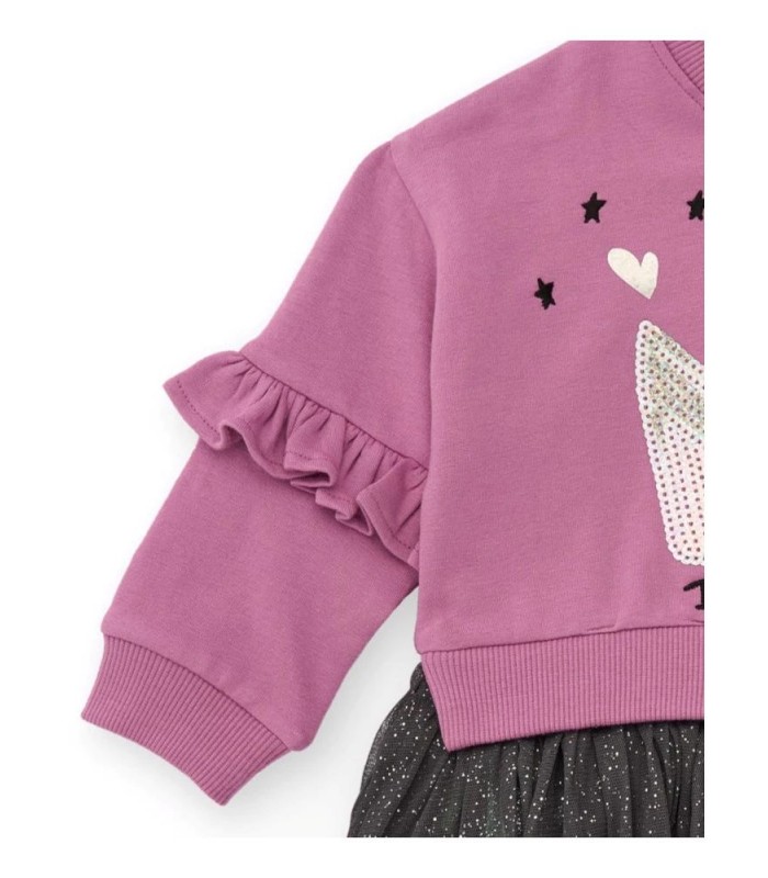 Φόρεμα φούτερ για κορίτσι σε ροζ χρώμα με βολάν και glitter τούλινη φούστα