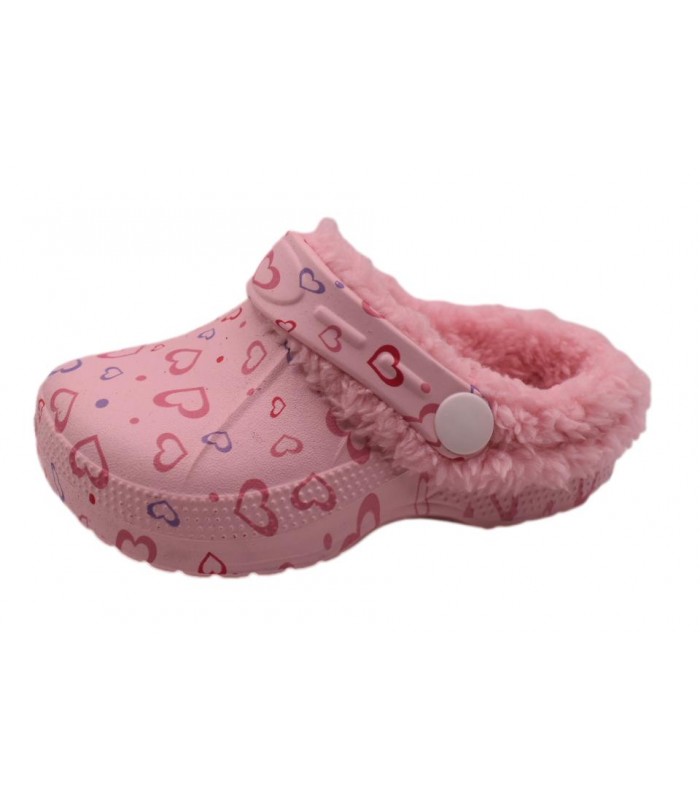 Παντοφλάκι ροζ χρώμα με καρδιές και εσωτερική γούνα