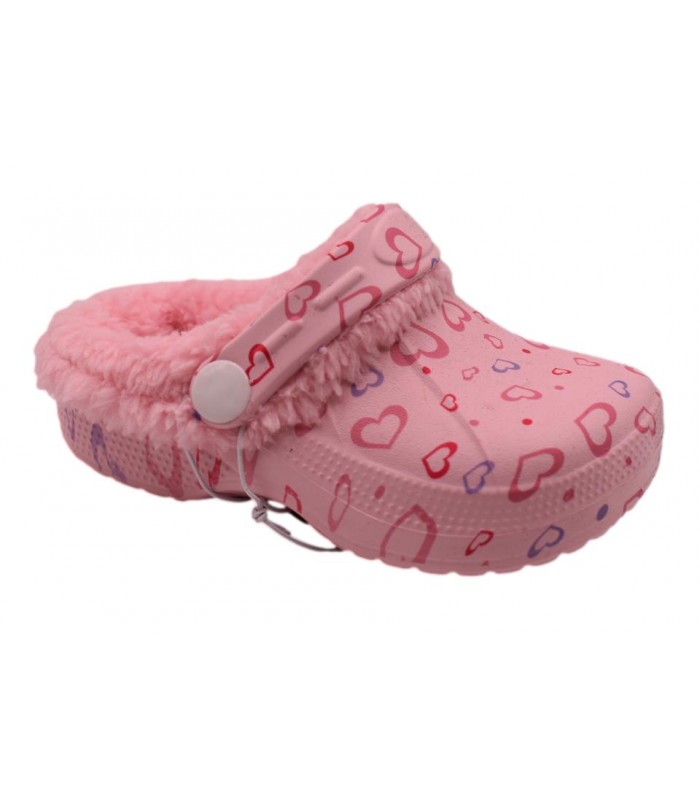 Παντοφλάκι ροζ χρώμα με καρδιές και εσωτερική γούνα