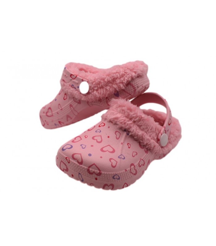 Παντοφλάκι ροζ χρώμα με καρδιές και εσωτερική γούνα