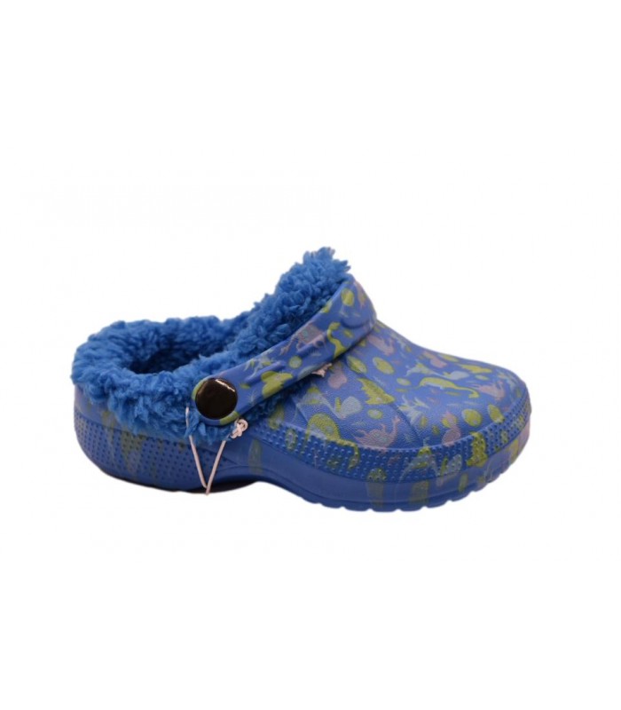 Παντοφλάκι μπλε χρώμα με δεινοσαυράκια και εσωτερική γούνα
