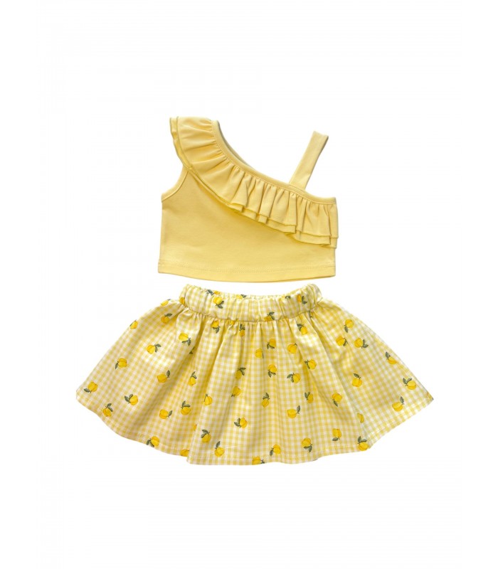 Σετ φούστα καρό με λεμόνια και μπλούζα με έναν ώμο και ράντα