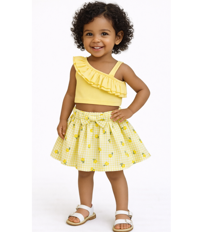 Σετ φούστα καρό με λεμόνια και μπλούζα με έναν ώμο και ράντα