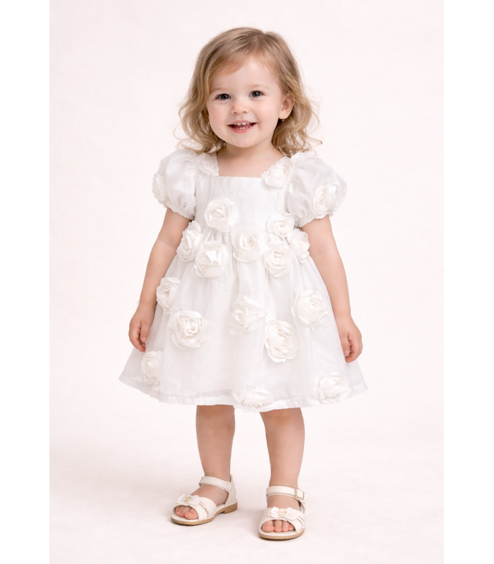 Φόρεμα με φουσκωτά μανικια και 3D λουλούδια